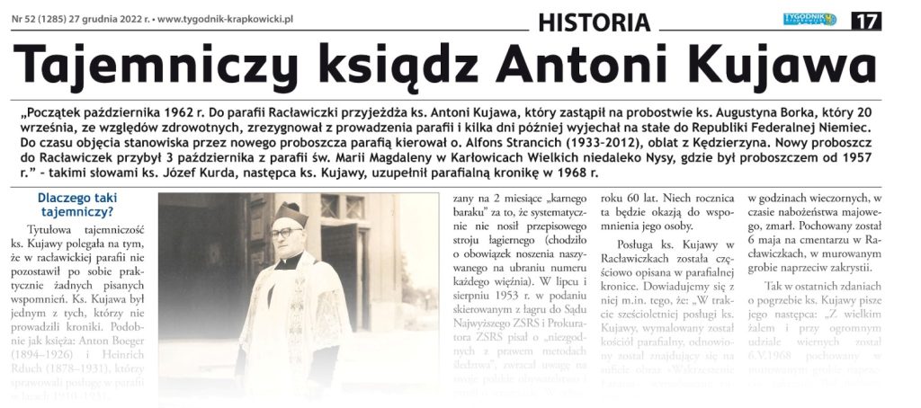 "Tajemniczy ksiądz Antoni Kujawa", Tygodnik Krapkowicki.