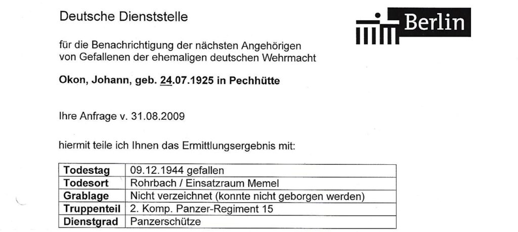 Pismo z Deutsche Dienststelle WASt z 2009 roku z informacją o poległym żołnierzu.