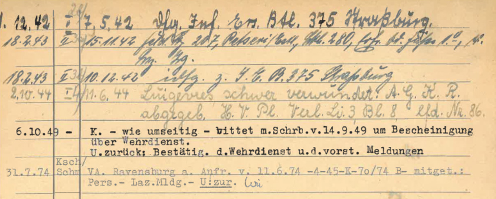 Karta z informacjami o służbie na froncie II wojny światowej.
